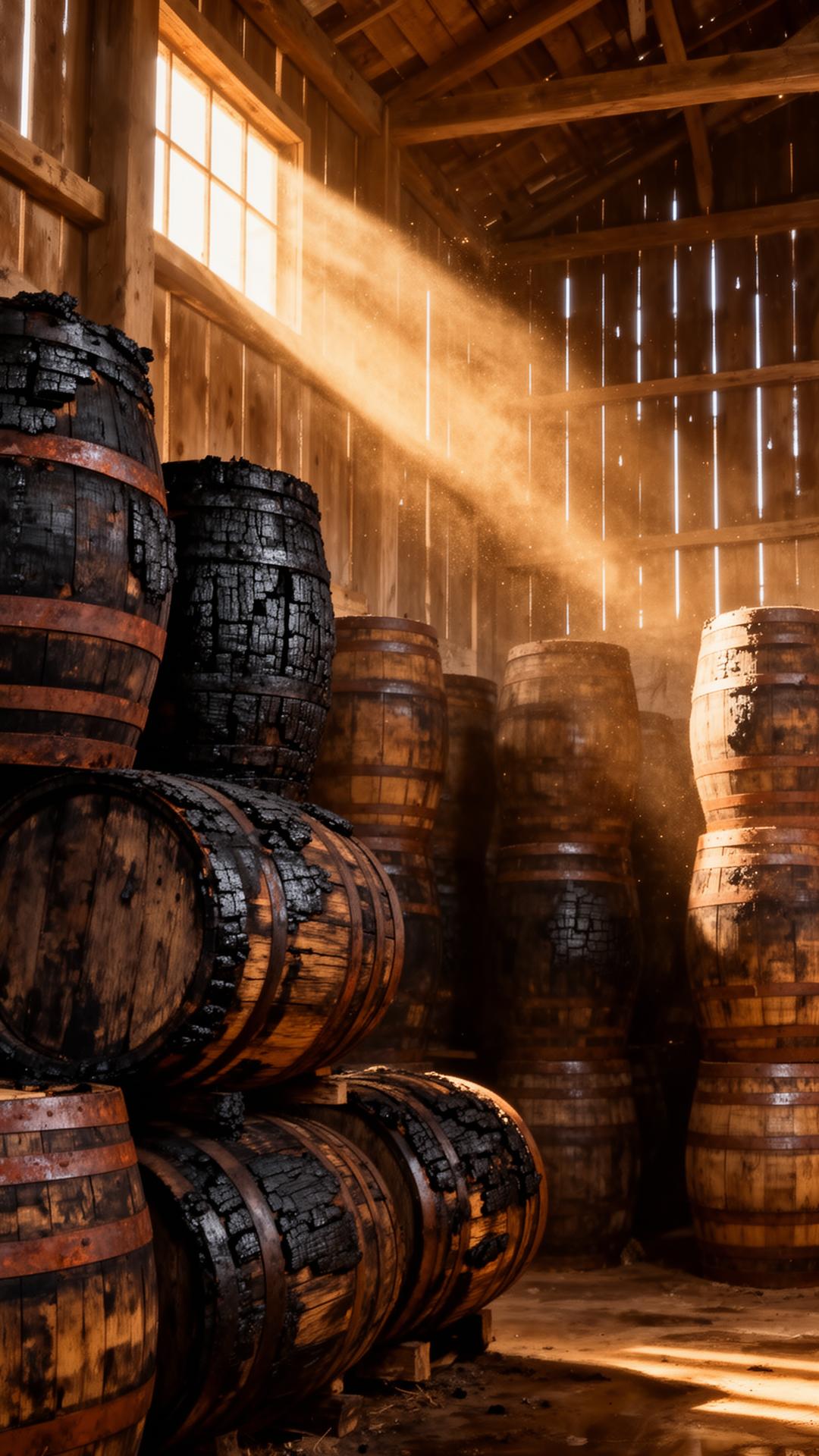 Stacks of charred oak barrels in a Kentucky rickhouse